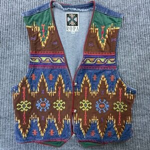 Vintage‎ ROPA Hairston Roberson Vest Womens Medium Denim Southwestern Concho 90s